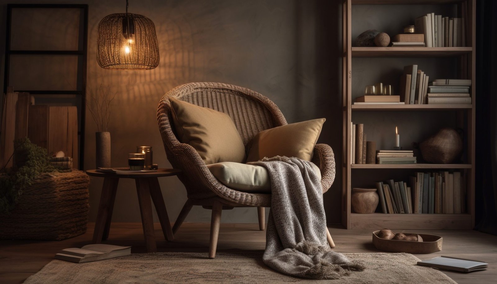 Cozy loft apartment with modern bookshelf, rustic cushion, and illuminated lantern generated by artificial intelligence