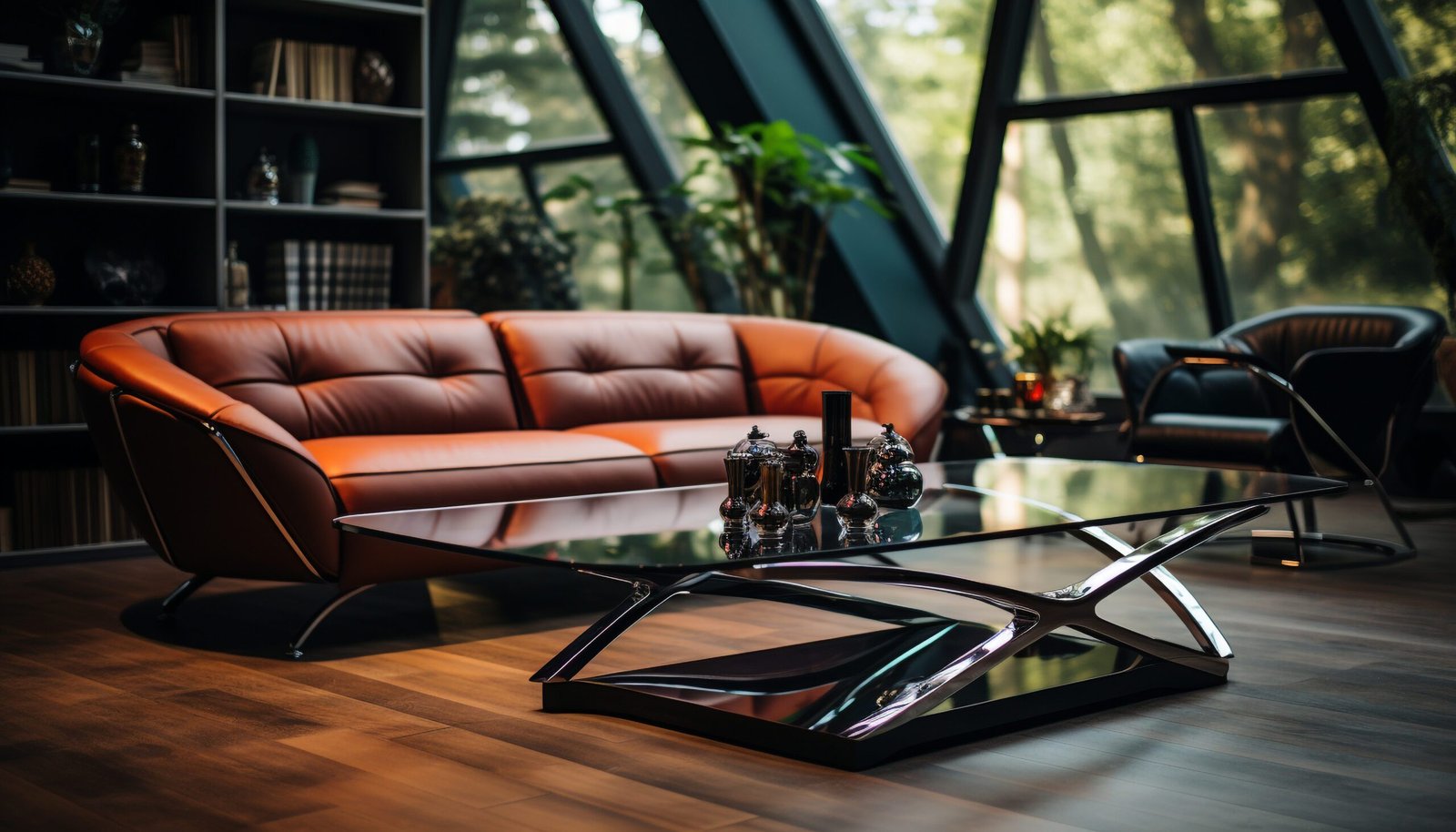 Comfortable modern living room with elegant wood furniture and glass decor generated by artificial intelligence